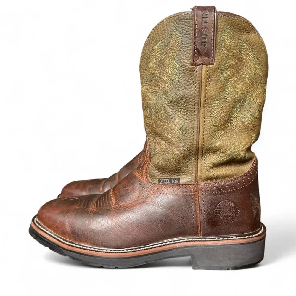 Justin Steel Toe Western Work Boots Men’s 12EE Brown Leather Wide Oil Resistant